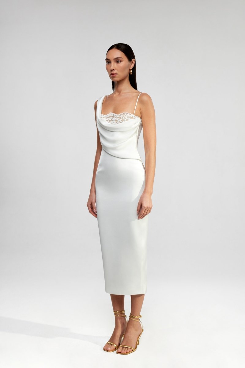 Draped asymmetric lace and satin midi dress – Rasario