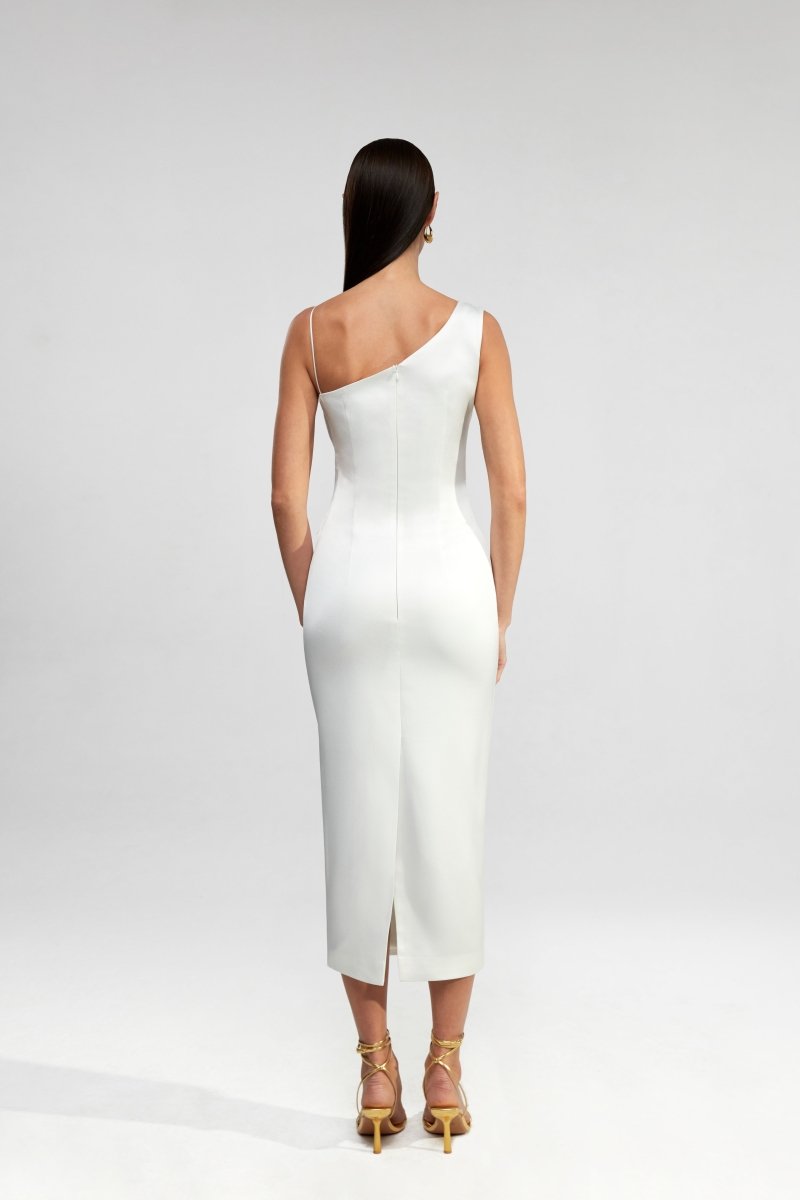 Draped asymmetric lace and satin midi dress – Rasario