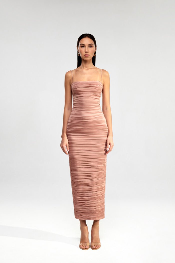 Draped chiffon long midi dress – Rasario