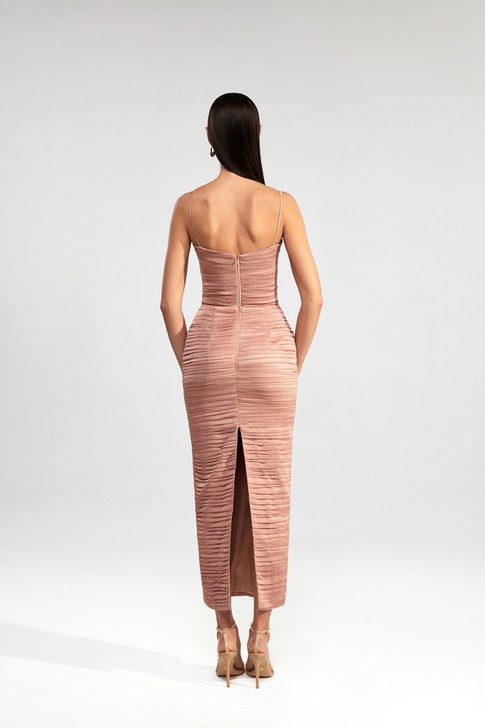 Draped chiffon long midi dress – Rasario