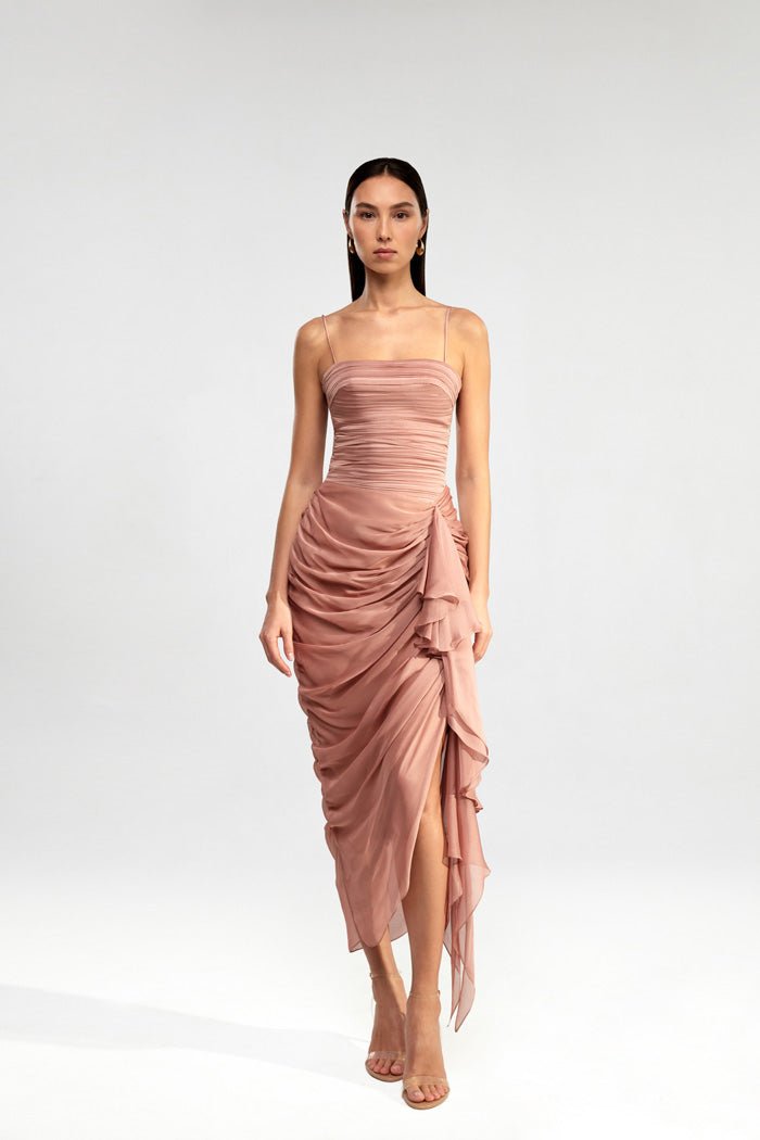 Draped chiffon long midi dress with ruffle – Rasario