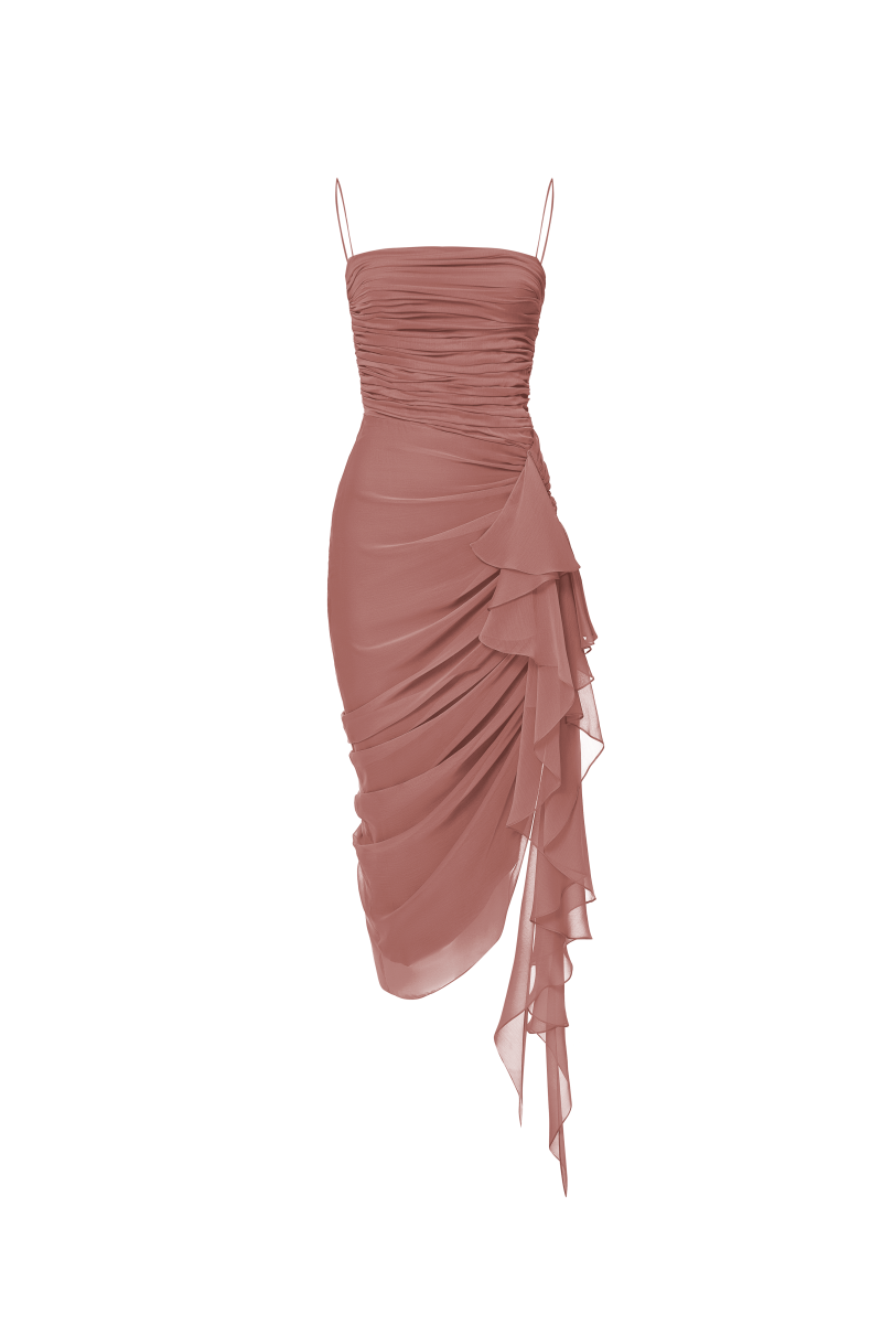 Draped chiffon long midi dress with ruffle – Rasario