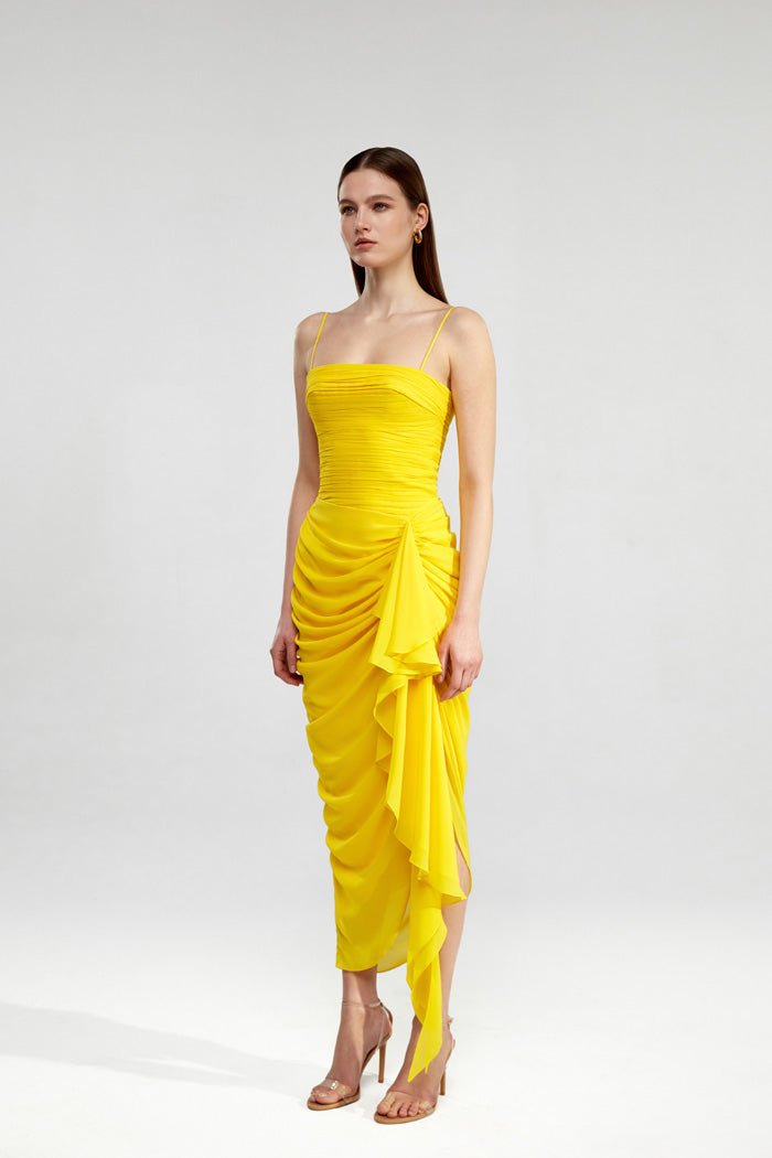 Draped chiffon long midi dress with ruffle – Rasario