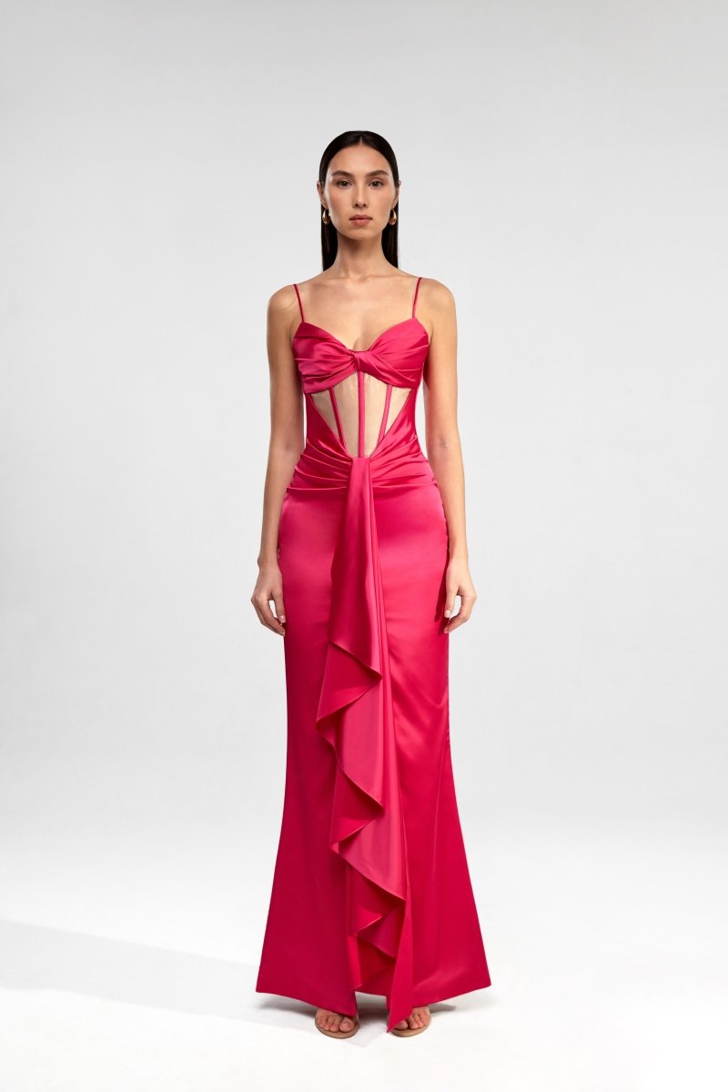 Draped corset maxi dress with ruffle – Rasario