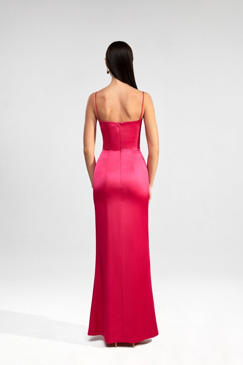 Draped corset maxi dress with ruffle – Rasario