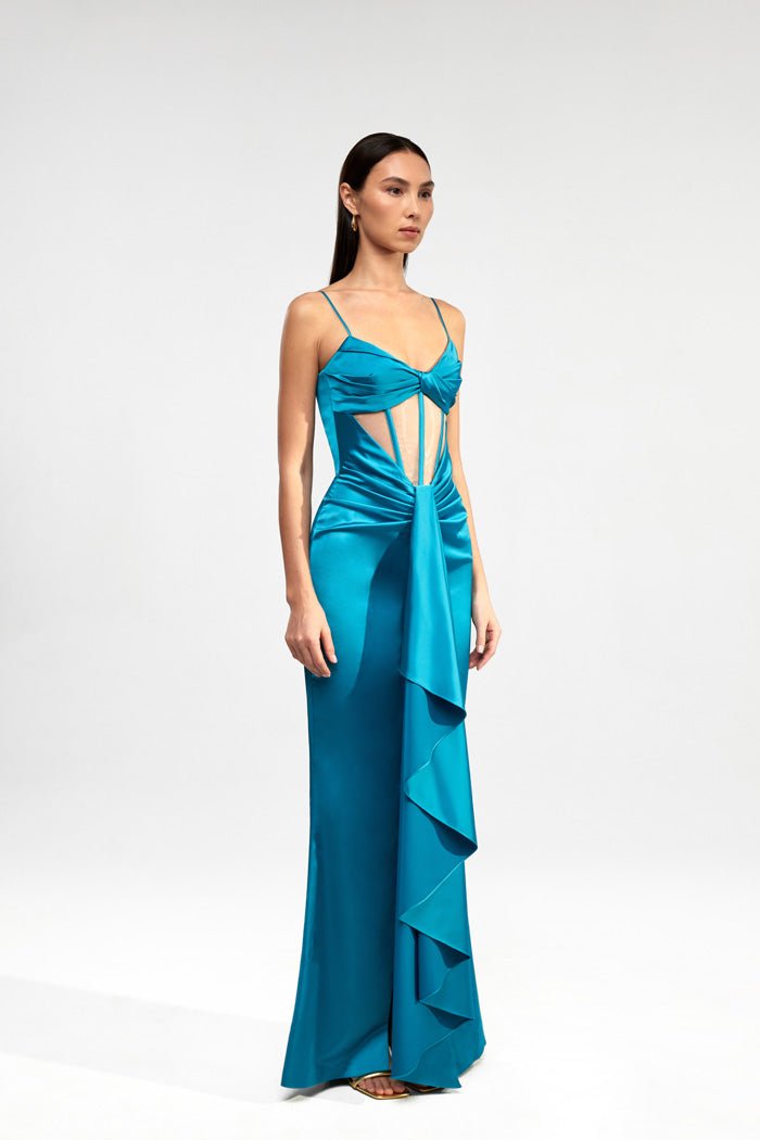 Draped corset maxi dress with ruffle – Rasario