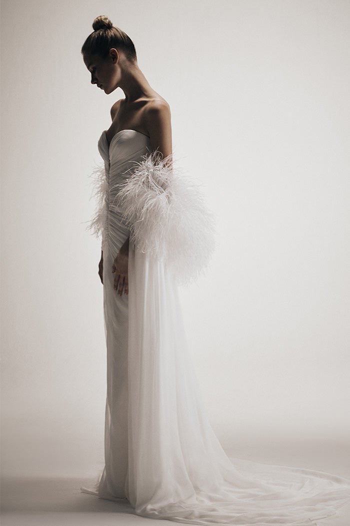 Draped corset silk chiffon maxi dress with a train – Rasario