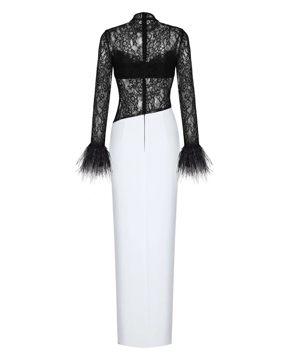 Draped crepe and lace maxi dress with fringe – Rasario