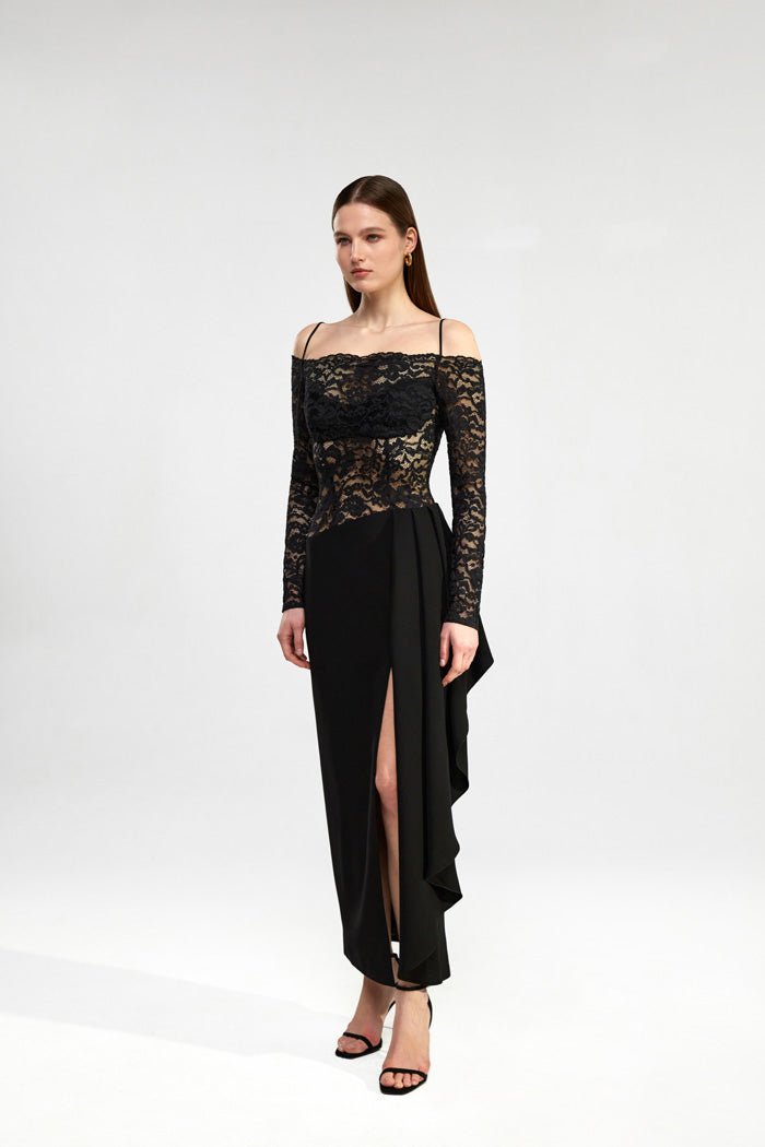 Draped crepe and lace off-the-shoulder long midi dress – Rasario