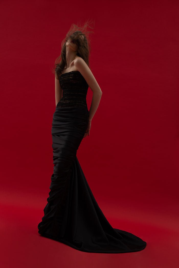 Draped lace and satin gown with a train – Rasario