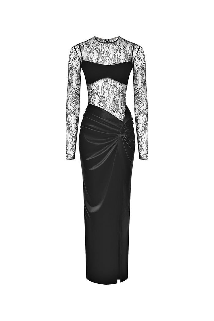Draped lace and satin maxi dress with a covering top – Rasario