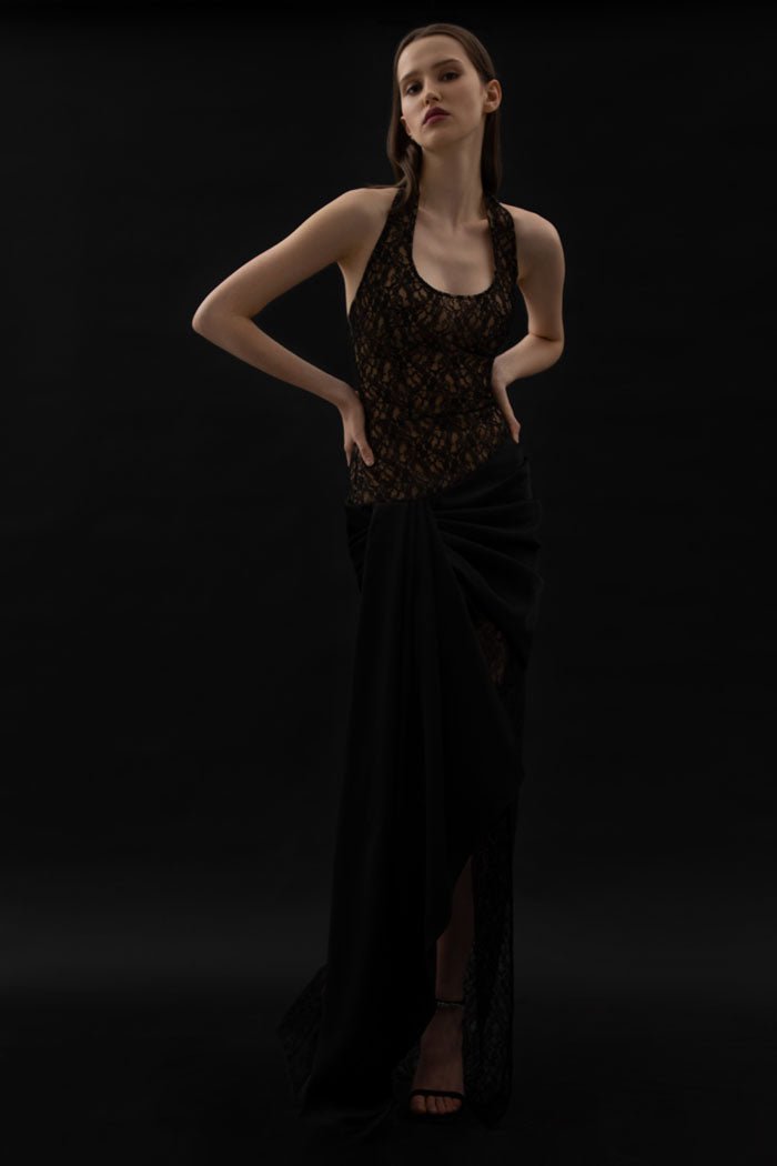 Draped lace and satin maxi dress with a train – Rasario
