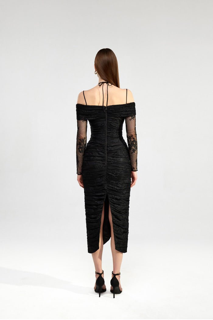 Draped off-the-shoulder lace midi dress – Rasario