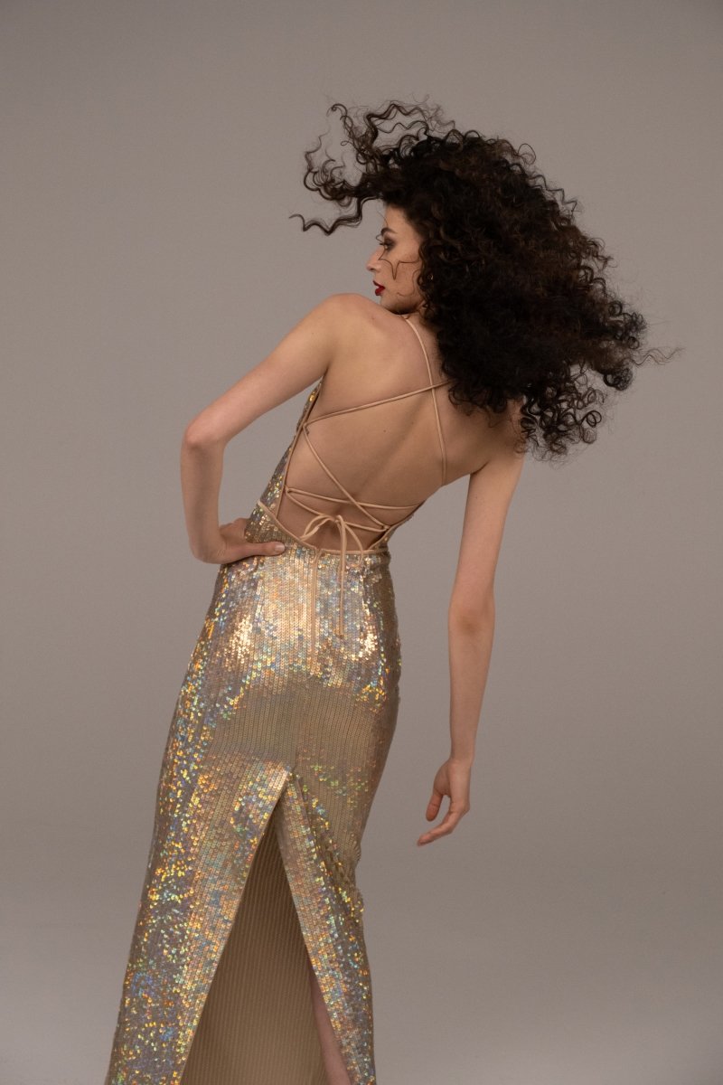 Draped open-back sequined maxi dress – Rasario