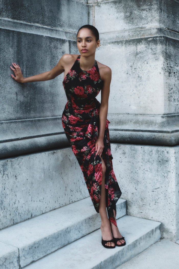 Draped printed chiffon midi dress – Rasario