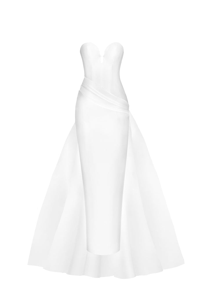 Draped printed satin gown with a side train – Rasario