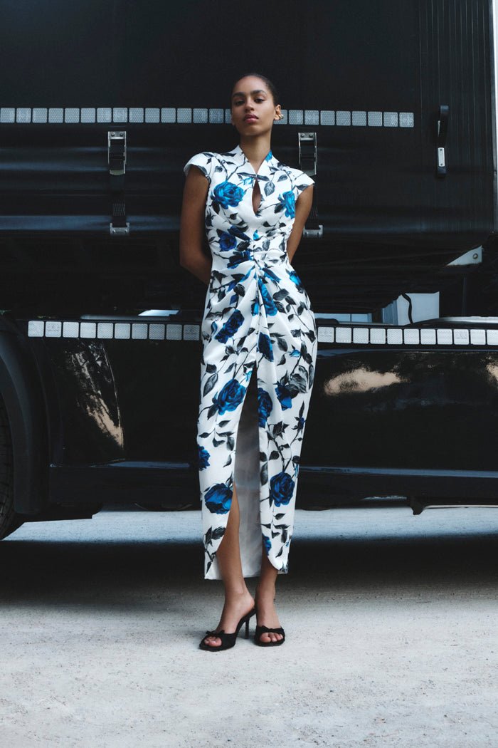 Draped printed satin long midi dress – Rasario