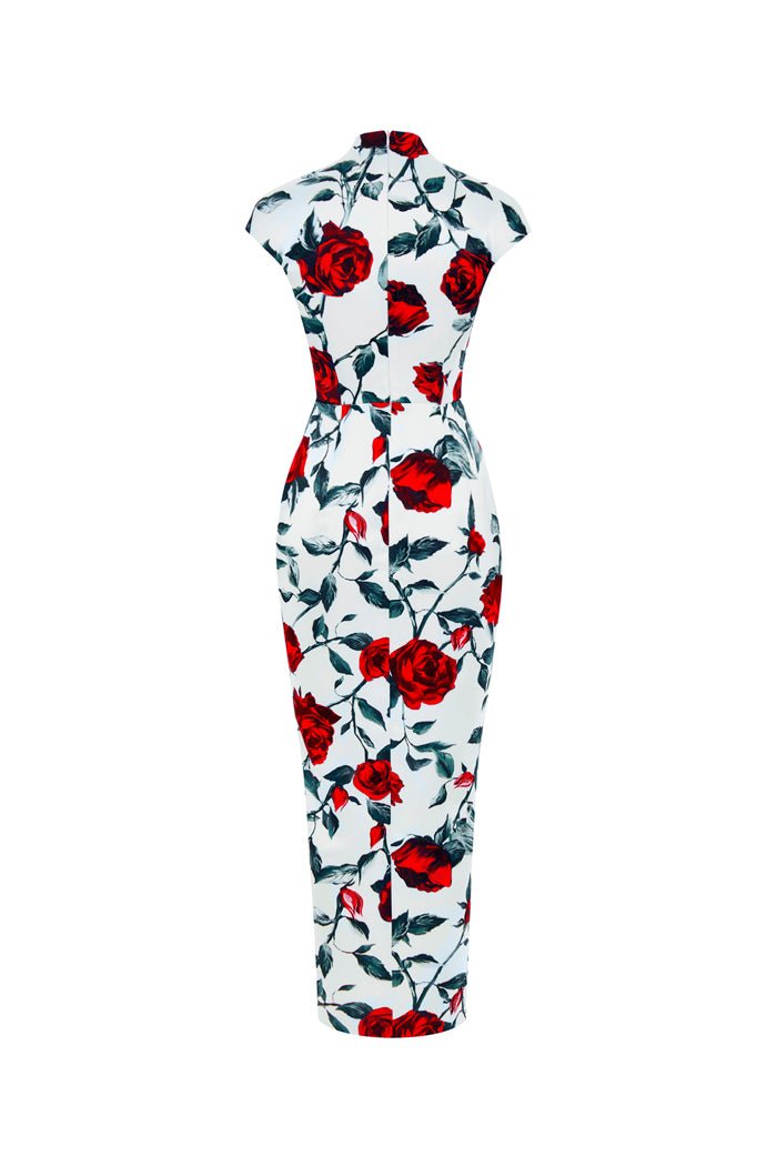 Draped printed satin long midi dress – Rasario