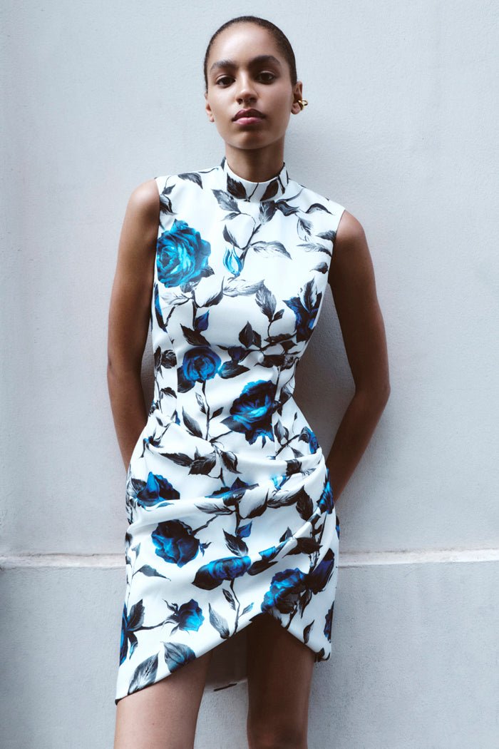 Draped printed satin mini dress with an opened back – Rasario