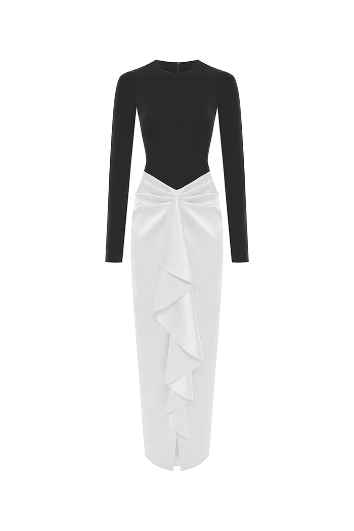 Draped satin and biflex maxi dress – Rasario