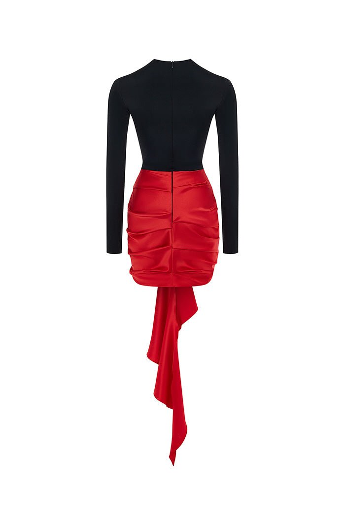 Draped satin and biflex mini dress with a train – Rasario