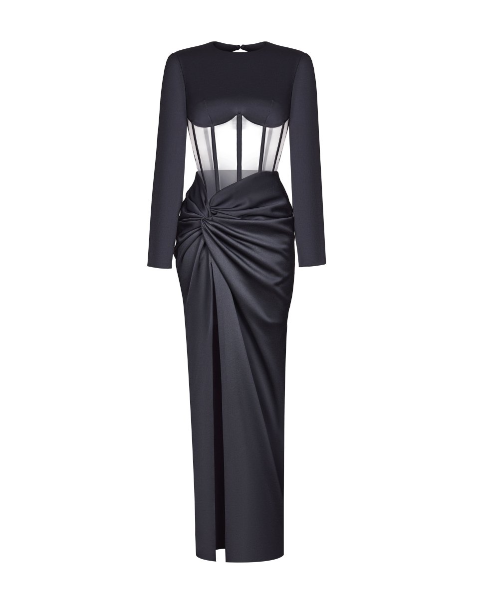 Draped satin corset dress with long sleeves – Rasario