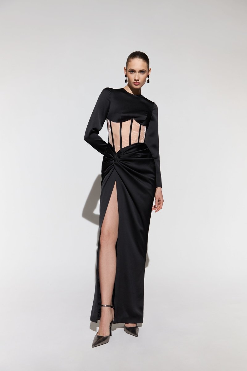 Draped satin corset dress with long sleeves – Rasario