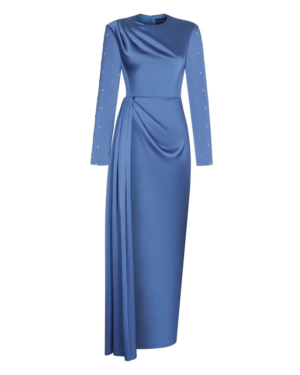 Draped satin gown with embroidered sleeves – Rasario