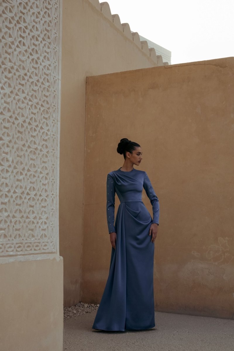 Draped satin gown with embroidered sleeves – Rasario