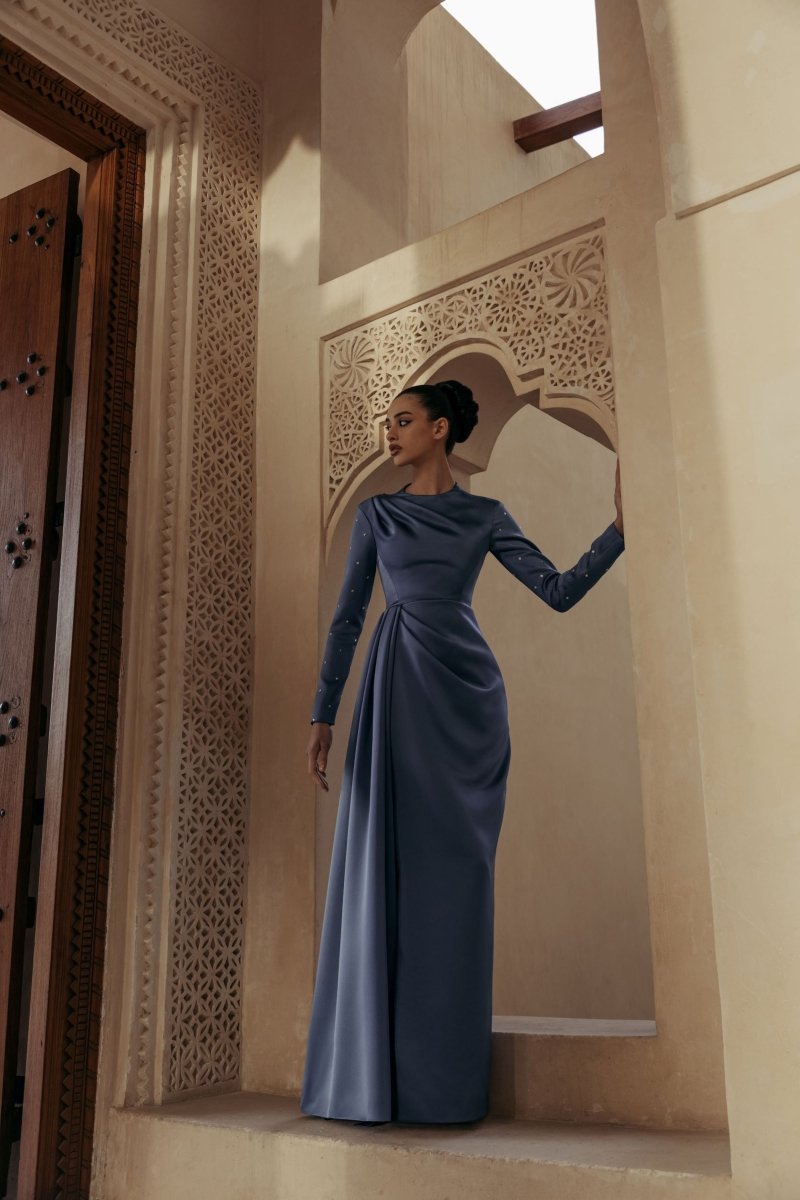 Draped satin gown with embroidered sleeves – Rasario