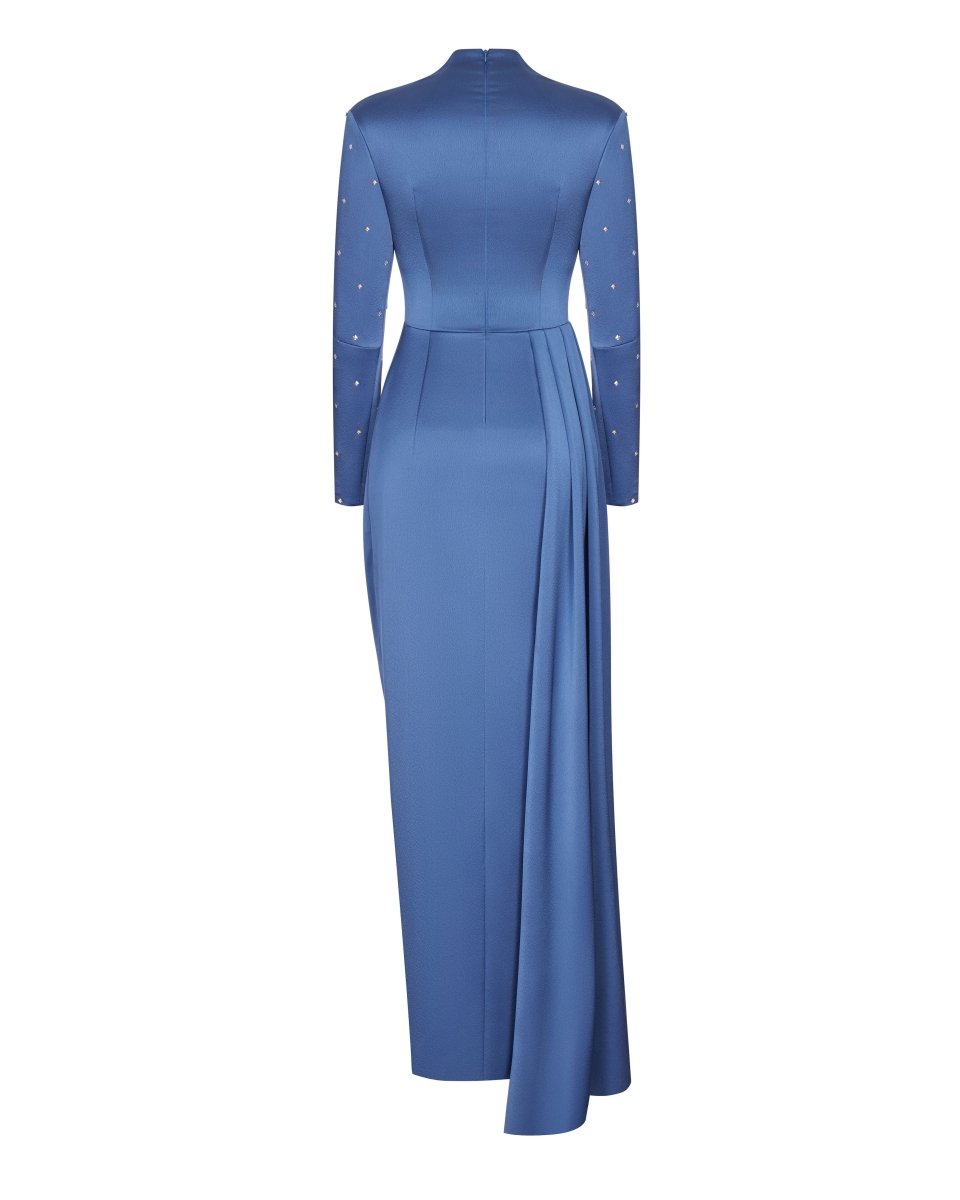 Draped satin gown with embroidered sleeves – Rasario