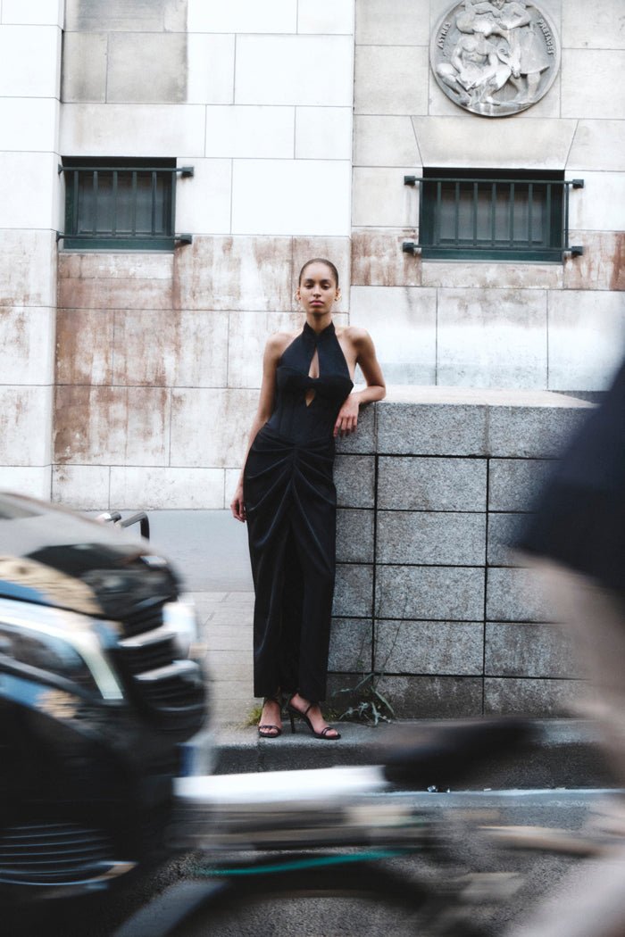 Draped satin long midi dress with cutout – Rasario