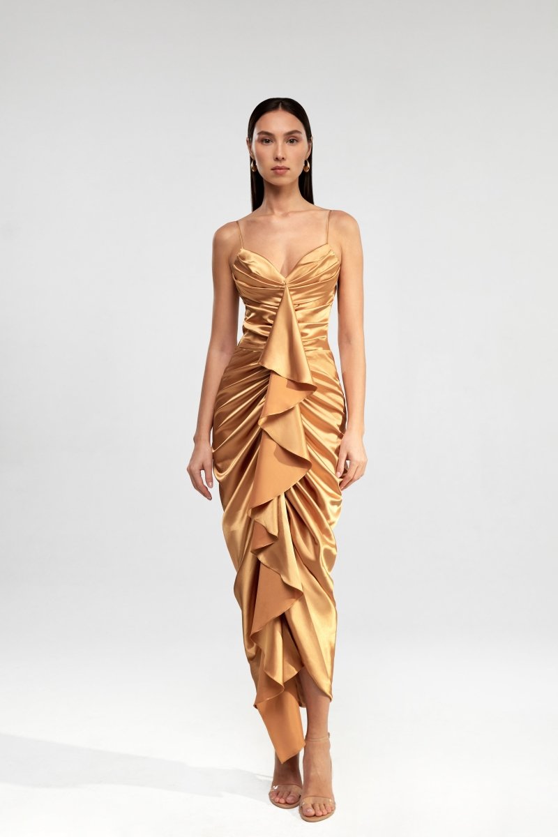 Draped satin long midi dress with ruffle – Rasario