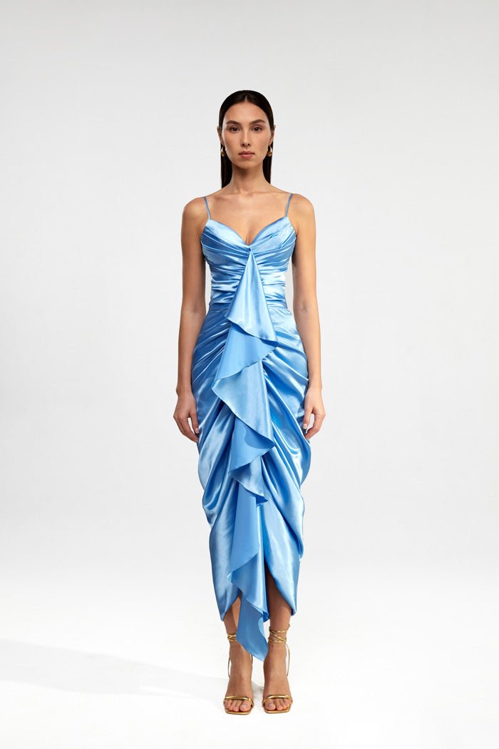 Draped satin long midi dress with ruffle – Rasario