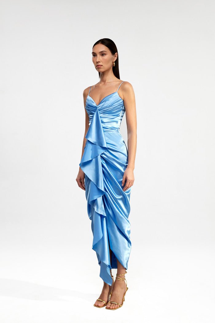 Draped satin long midi dress with ruffle – Rasario