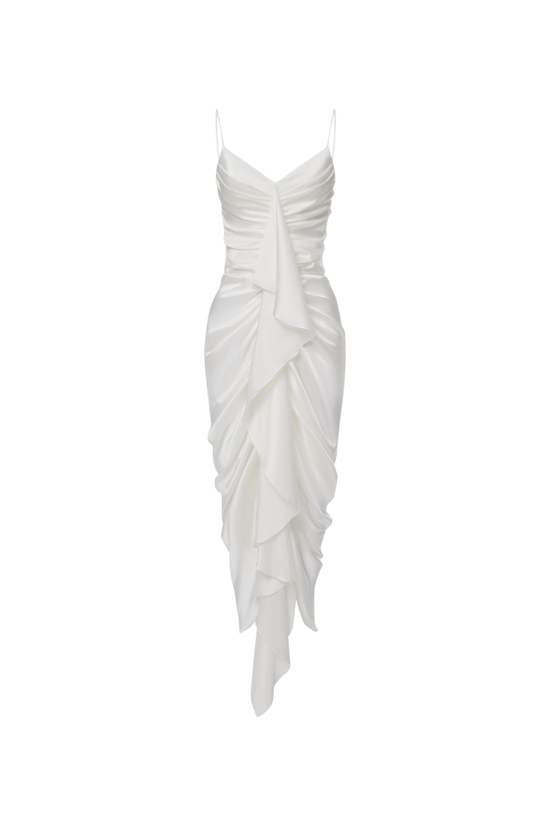 Draped satin long midi dress with ruffle – Rasario