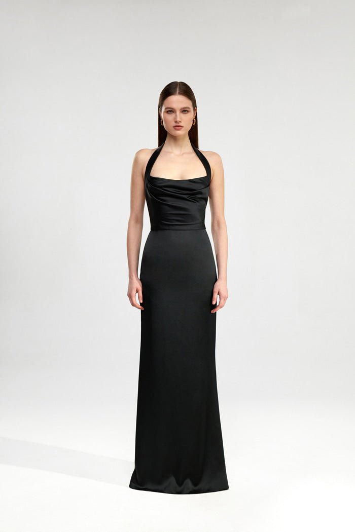 Draped satin maxi dress with an open back – Rasario