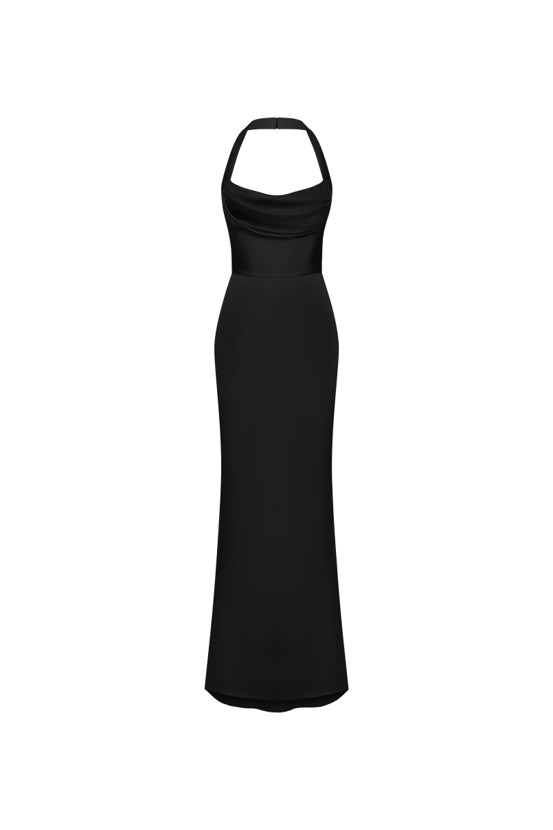 Draped satin maxi dress with an open back – Rasario