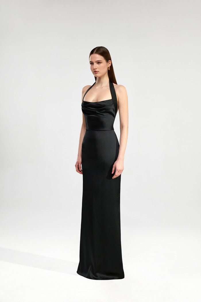 Draped satin maxi dress with an open back – Rasario