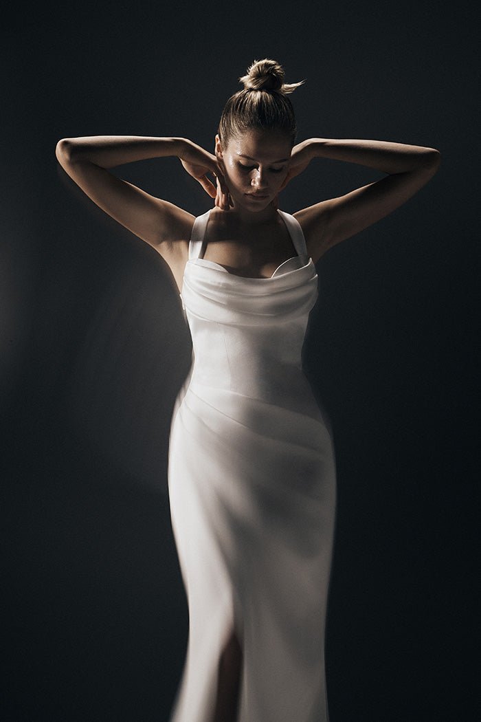 Draped satin maxi dress with an opened back – Rasario
