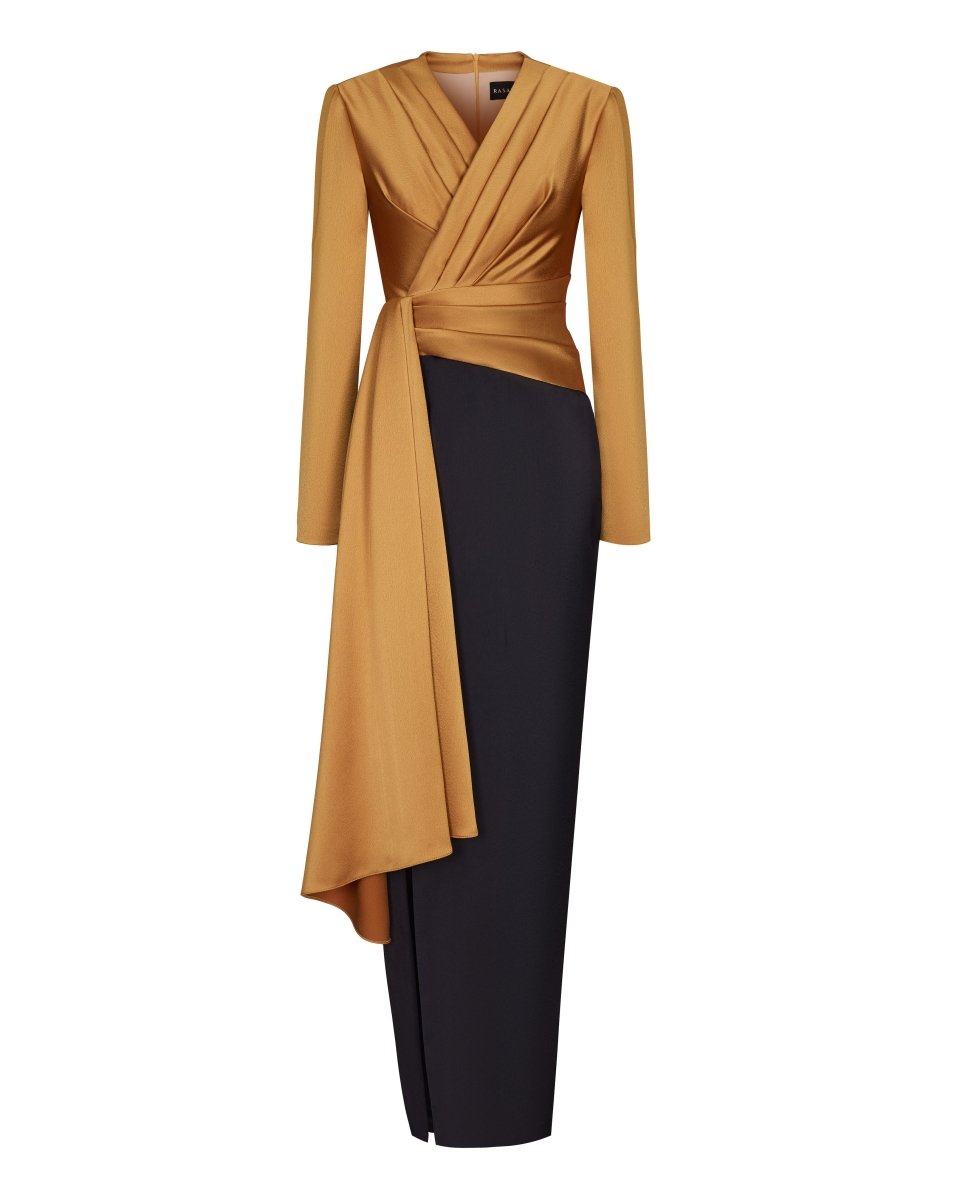 Draped satin maxi dress with voluminous shoulders – Rasario