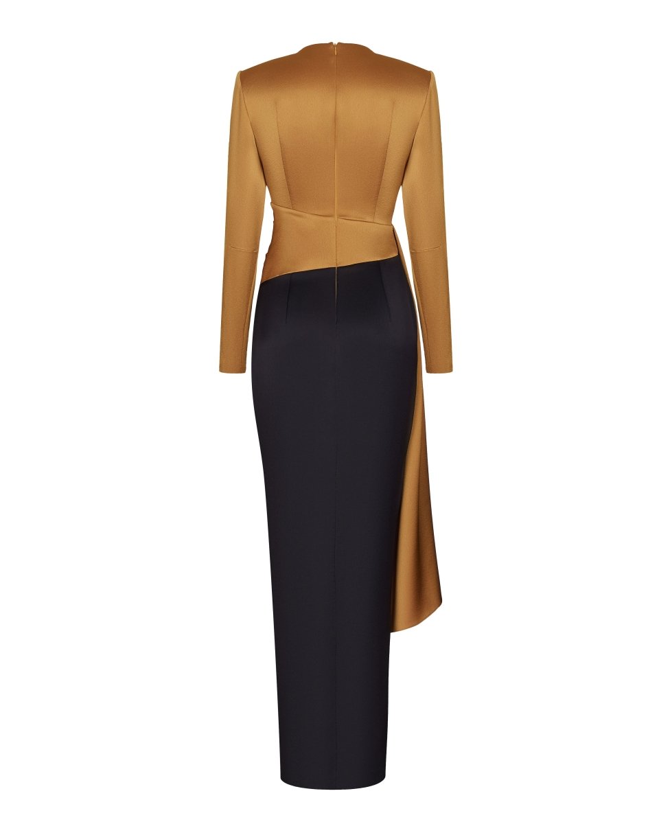Draped satin maxi dress with voluminous shoulders – Rasario