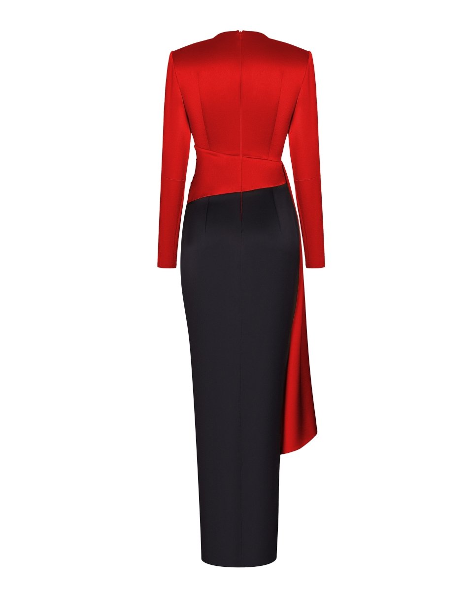 Draped satin maxi dress with voluminous shoulders – Rasario