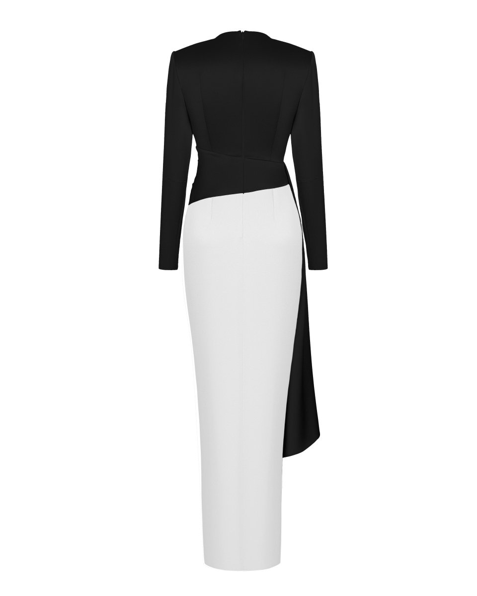 Draped satin maxi dress with voluminous shoulders – Rasario