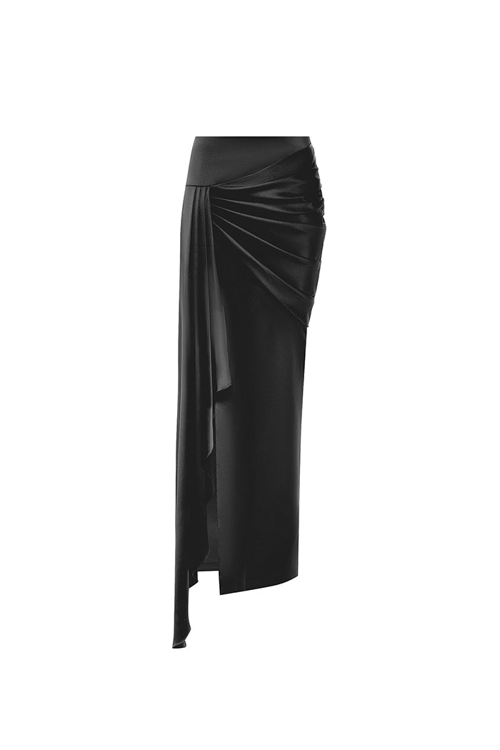 Draped satin maxi skirt with a side train – Rasario