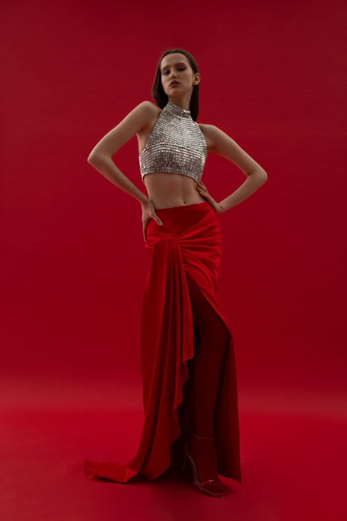 Draped satin maxi skirt with a side train – Rasario