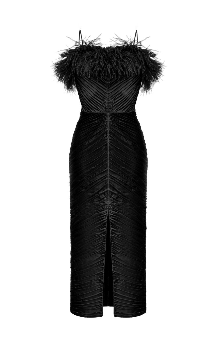 Draped satin midi dress with fringes – Rasario