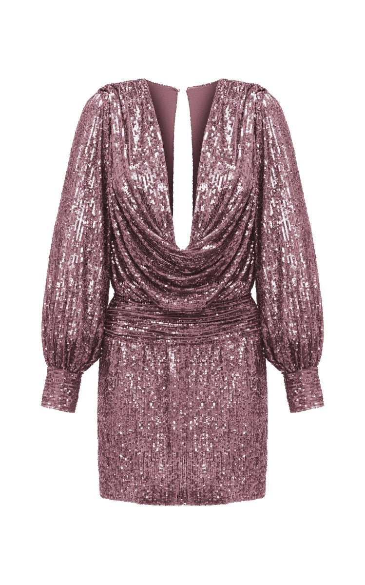 Draped sequined mini dress with long sleeves – Rasario