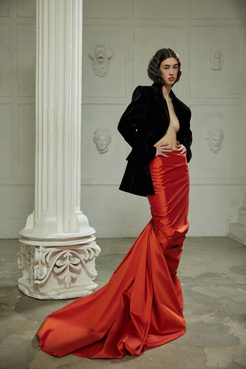 Draped silk maxi skirt with train – Rasario