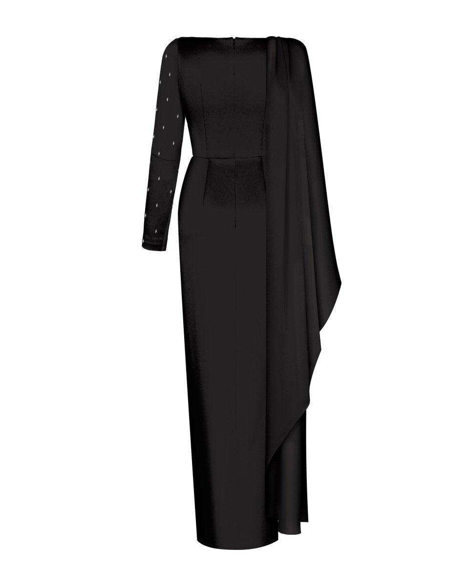 Embroidered satin maxi dress with draped collar – Rasario
